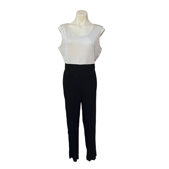80s Jumpsuit White Waffle Knit Bodice, Crepe Rayon Pantsuit Minimalist Corpcore - Picture 9 of 9